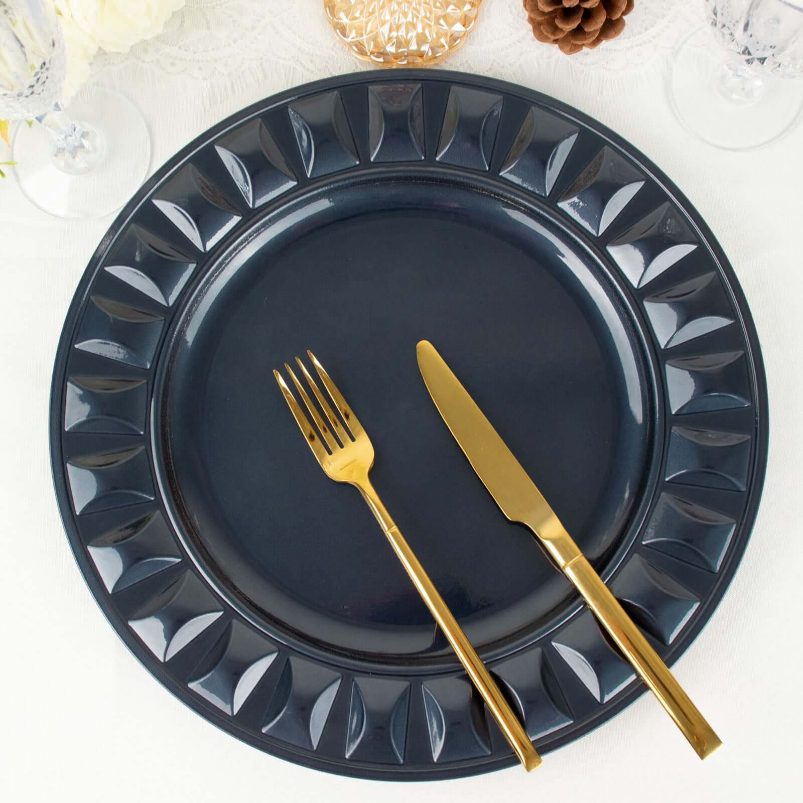 6-Pack Plastic Round Charger Plates 13" in Navy Blue with Bejeweled Rim, Luxe Decorative Dinner Party Charger Tableware
